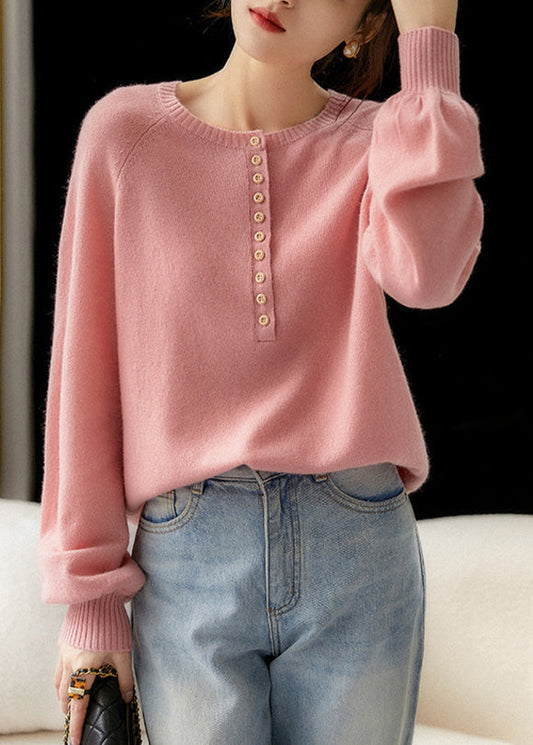 French Pink O Neck Button Cozy Knit Sweater Spring Tf004
