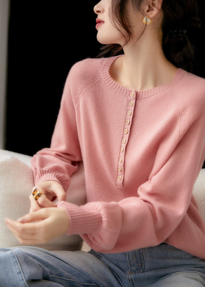 French Pink O Neck Button Cozy Knit Sweater Spring Tf004