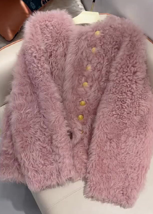 French Pink O-neck Button Faux Fur Coats Spring Tq004