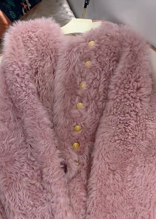 French Pink O-neck Button Faux Fur Coats Spring Tq004