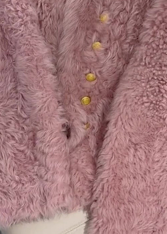 French Pink O-neck Button Faux Fur Coats Spring Tq004