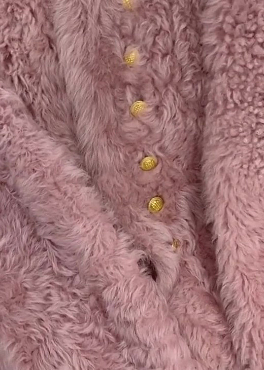French Pink O-neck Button Faux Fur Coats Spring Tq004
