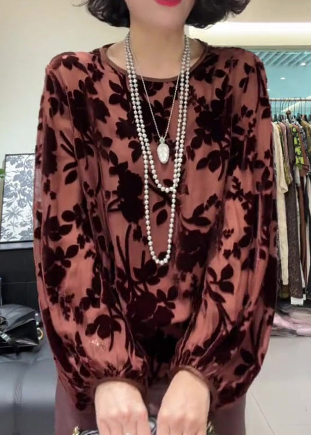 French Pink O Neck Jacquard Silk Velour Blouse Tops Fall Wp039