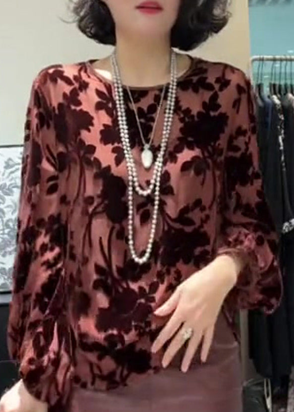 French Pink O Neck Jacquard Silk Velour Blouse Tops Fall Wp039