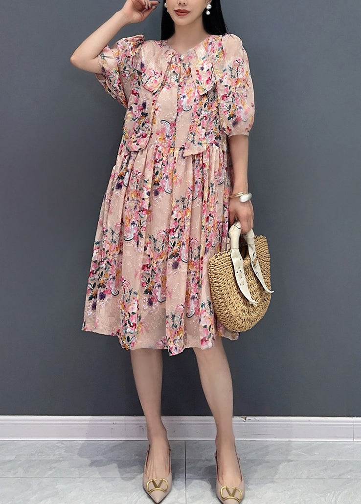 French Pink Print Fake Two Pieces Long Dress Summer Ao1030