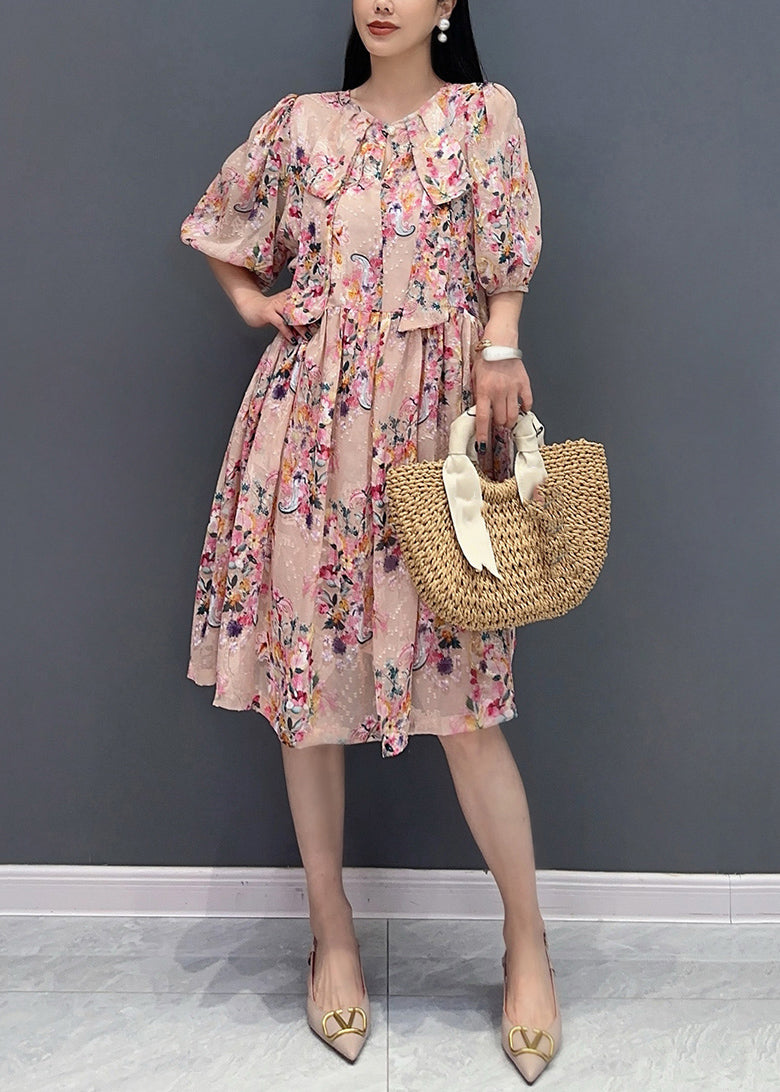 French Pink Print Fake Two Pieces Long Dress Summer Ao1030