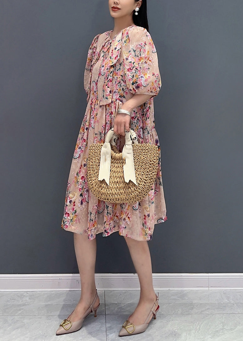 French Pink Print Fake Two Pieces Long Dress Summer Ao1030
