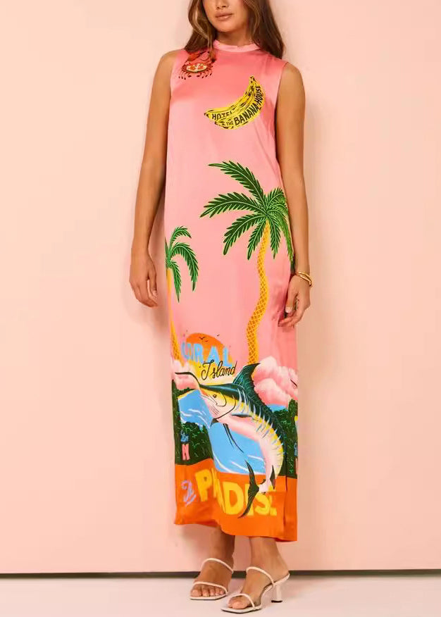 French Pink Print Side Open Silk Maxi Dresses Sleeveless Ff099