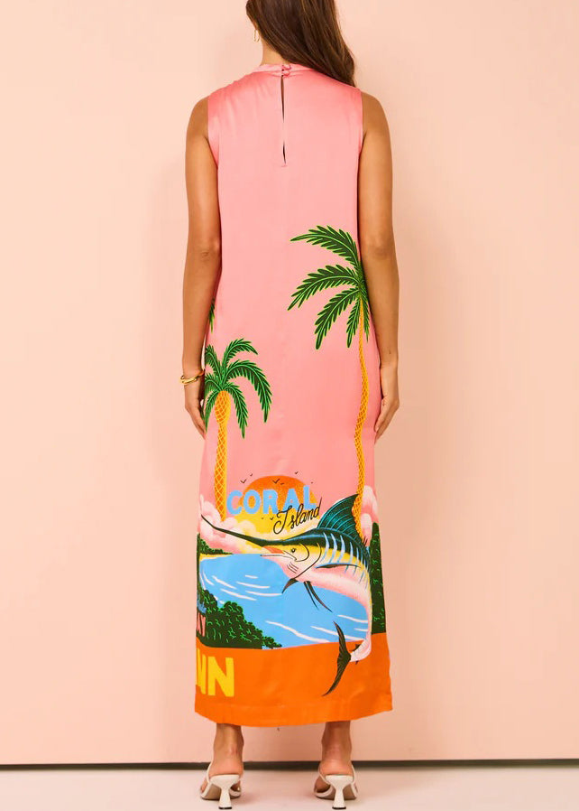 French Pink Print Side Open Silk Maxi Dresses Sleeveless Ff099