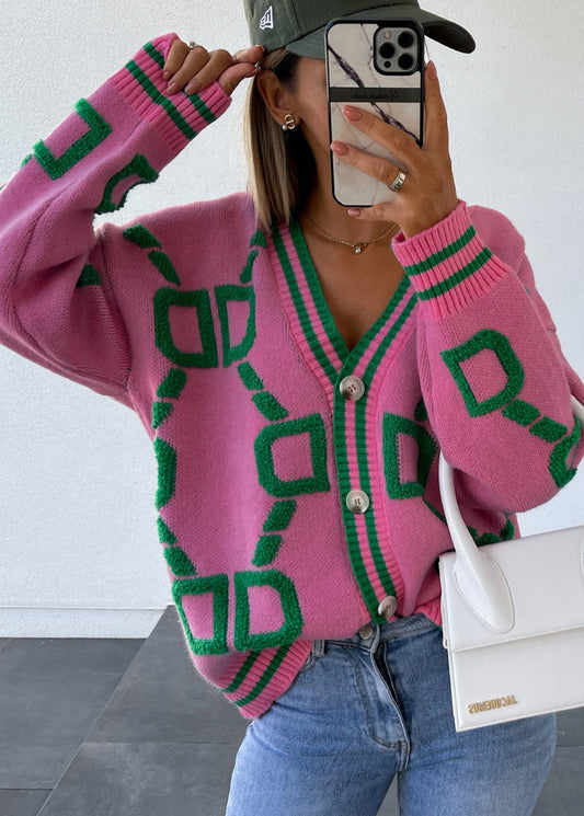 French Pink V Neck Graphic Embroidered Knit Cardigan Fall Qy021