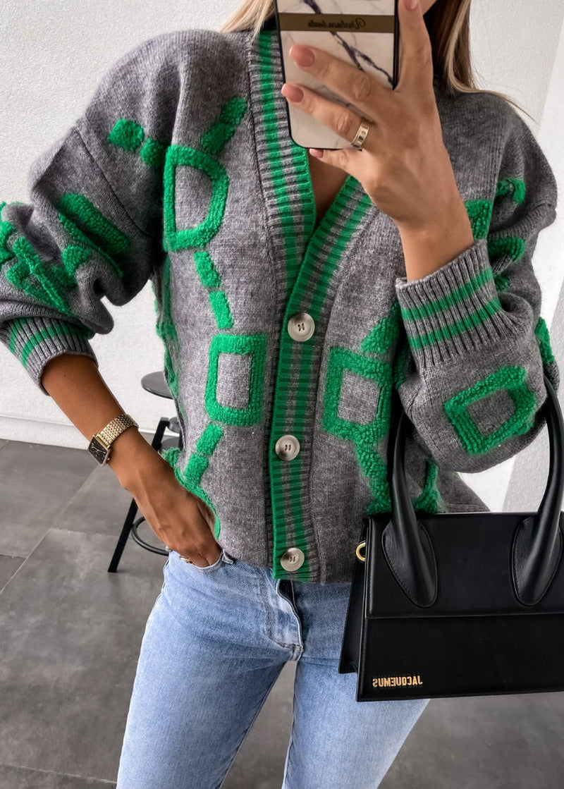 French Pink V Neck Graphic Embroidered Knit Cardigan Fall Qy021