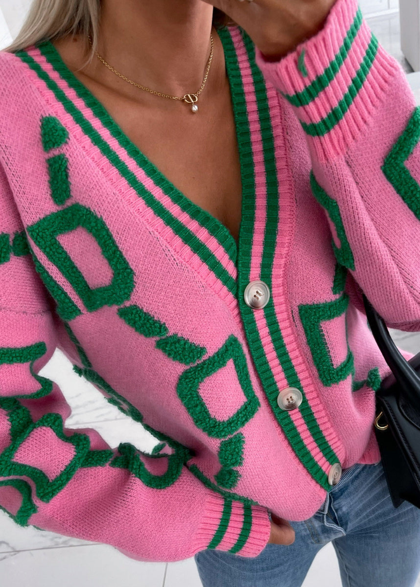 French Pink V Neck Graphic Embroidered Knit Cardigan Fall Qy021