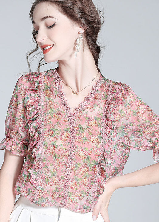 French Pink V Neck Lace Patchwork Print Silk Blouse Top Summer Ly0140