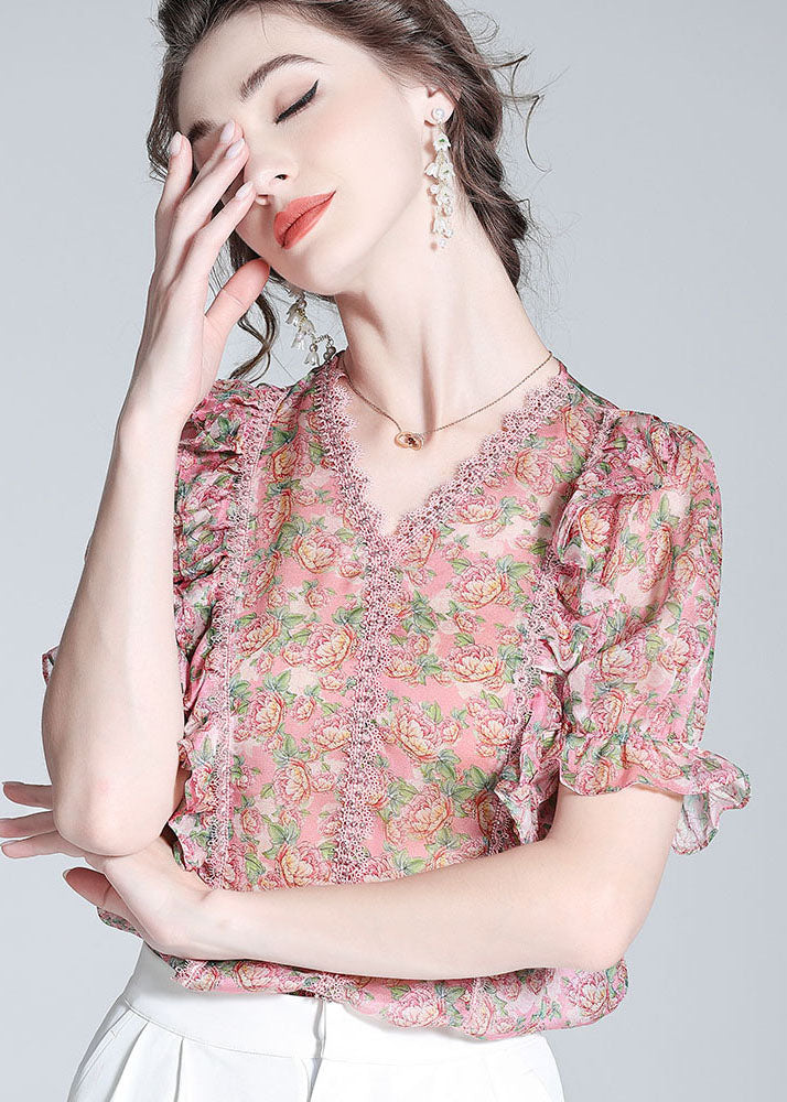French Pink V Neck Lace Patchwork Print Silk Blouse Top Summer Ly0140
