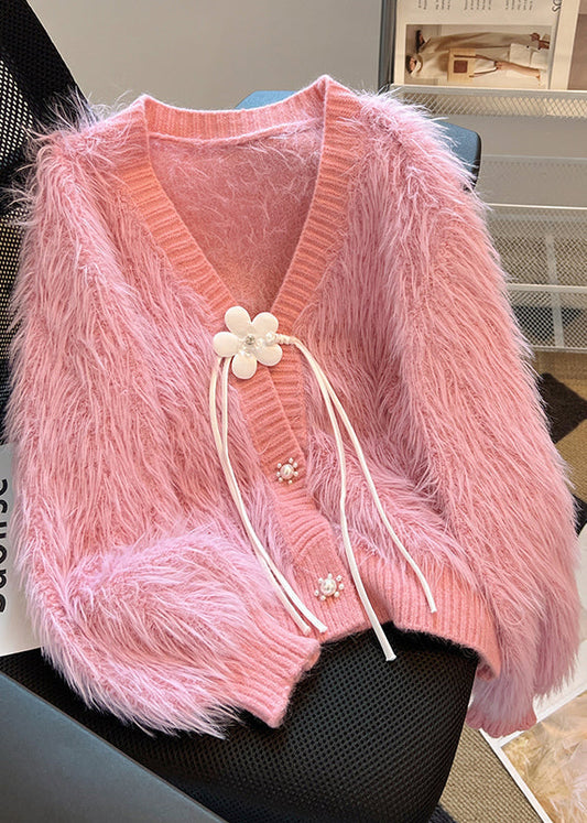 French Pink V Neck Tassel Mink Hair Knitted Cardigan Spring Tn005