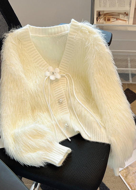 French Pink V Neck Tassel Mink Hair Knitted Cardigan Spring Tn005