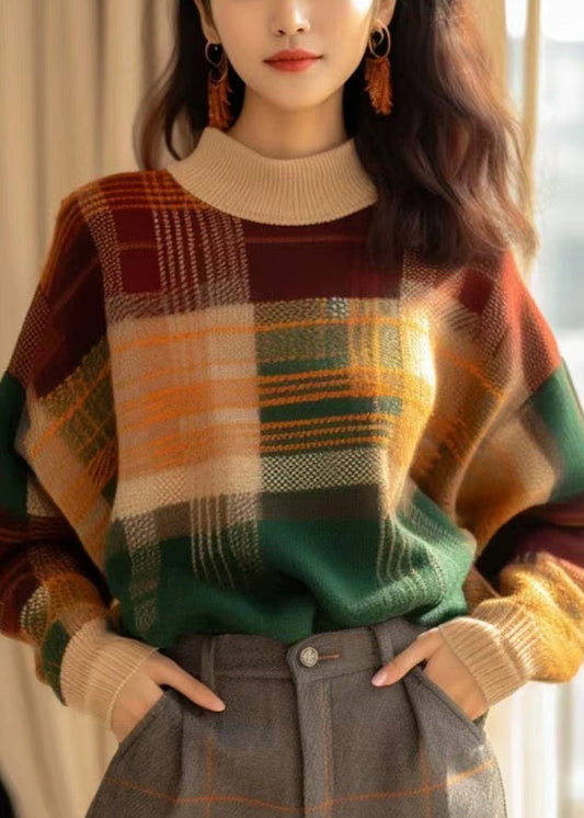 French Plaid Cozy Patchwork Wool Knit Sweaters Winter Wk044