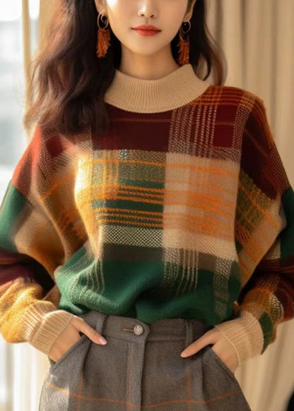 French Plaid Cozy Patchwork Wool Knit Sweaters Winter Wk044