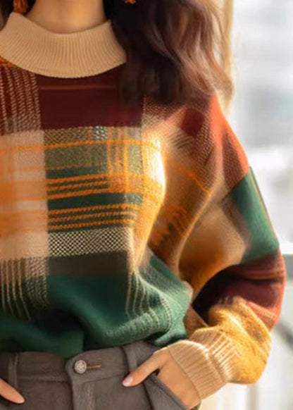 French Plaid Cozy Patchwork Wool Knit Sweaters Winter Wk044
