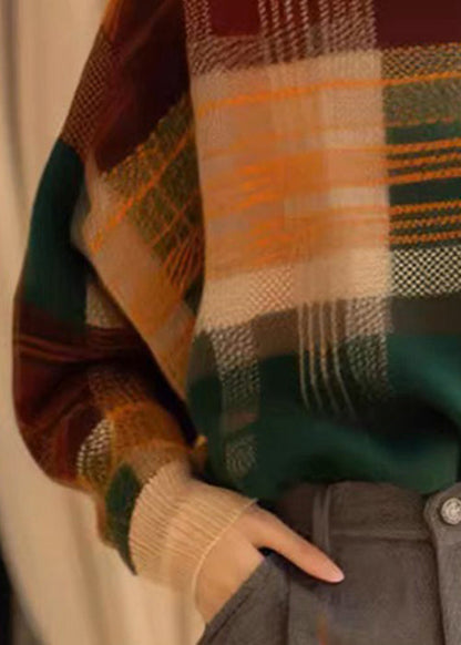 French Plaid Cozy Patchwork Wool Knit Sweaters Winter Wk044