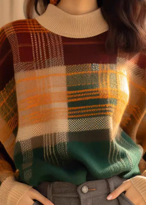 French Plaid Cozy Patchwork Wool Knit Sweaters Winter Wk044