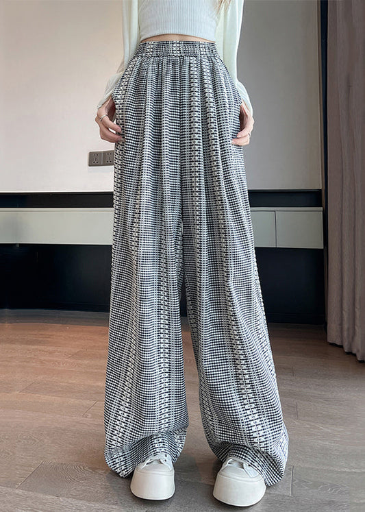 French Plaid Pockets High Waist Cotton Wide Leg Pants Fall Ab1032