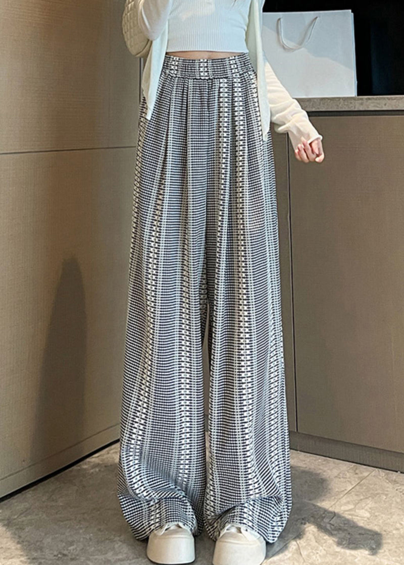 French Plaid Pockets High Waist Cotton Wide Leg Pants Fall Ab1032