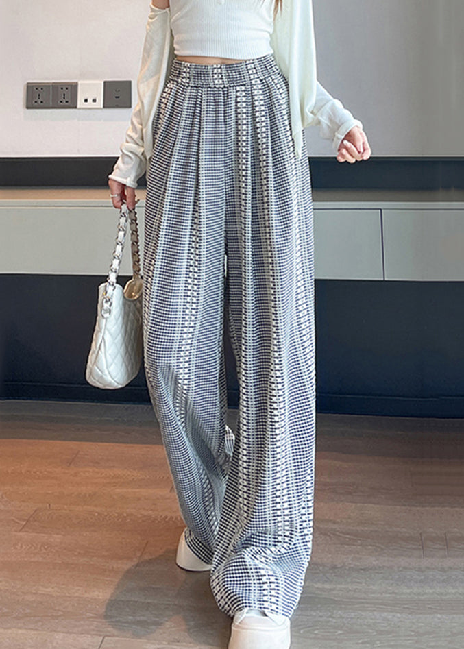 French Plaid Pockets High Waist Cotton Wide Leg Pants Fall Ab1032