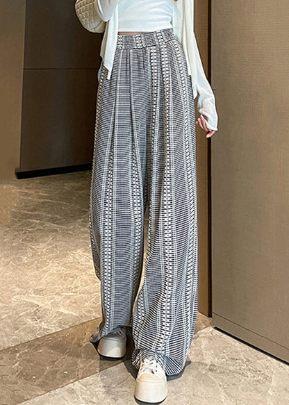 French Plaid Pockets High Waist Cotton Wide Leg Pants Fall Ab1032