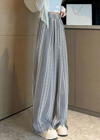 French Plaid Pockets High Waist Cotton Wide Leg Pants Fall Ab1032