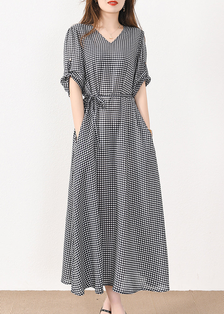 French Plaid Pockets Tie Waist Silk Cotton Long Dresses Half Sleeve Mn057