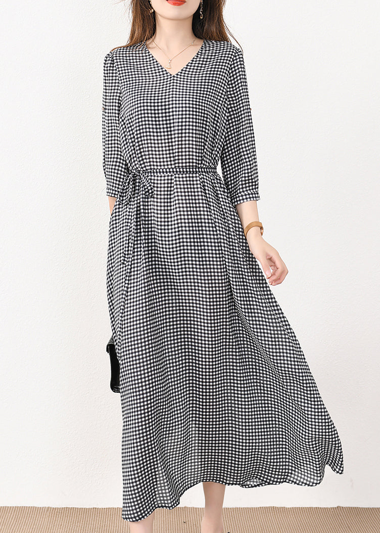 French Plaid Pockets Tie Waist Silk Cotton Long Dresses Half Sleeve Mn057