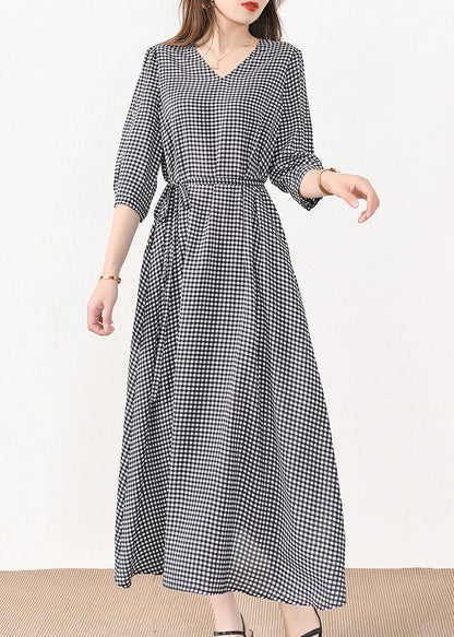 French Plaid Pockets Tie Waist Silk Cotton Long Dresses Half Sleeve Mn057