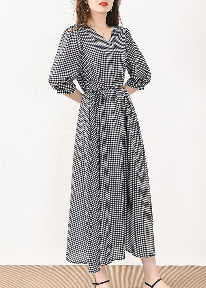 French Plaid Pockets Tie Waist Silk Cotton Long Dresses Half Sleeve Mn057