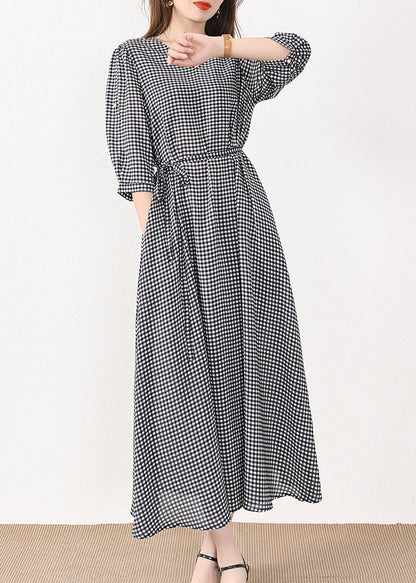 French Plaid Pockets Tie Waist Silk Cotton Long Dresses Half Sleeve Mn057