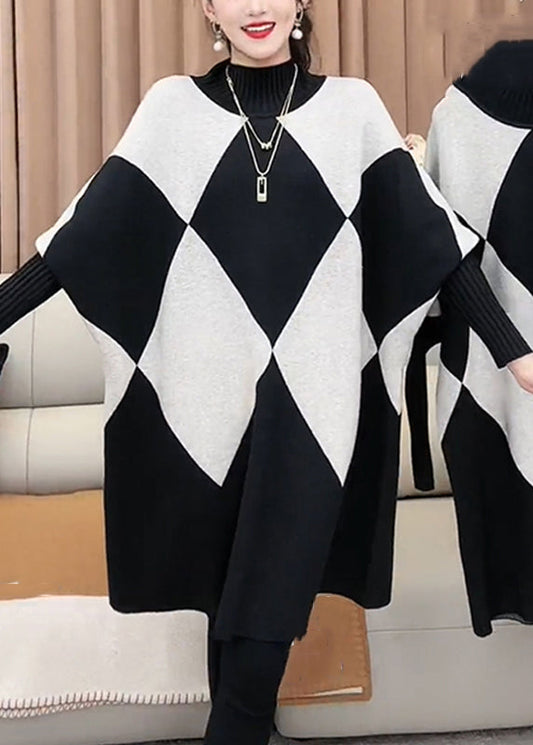 French Plaid Turtleneck Loose Knit Sweater Batwing Sleeve Rf026