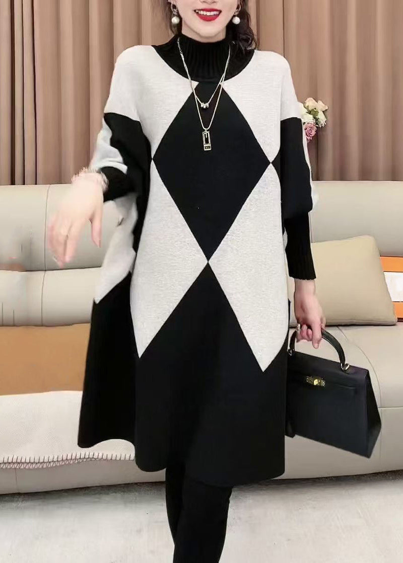 French Plaid Turtleneck Loose Knit Sweater Batwing Sleeve Rf026