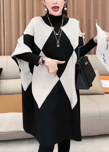 French Plaid Turtleneck Loose Knit Sweater Batwing Sleeve Rf026