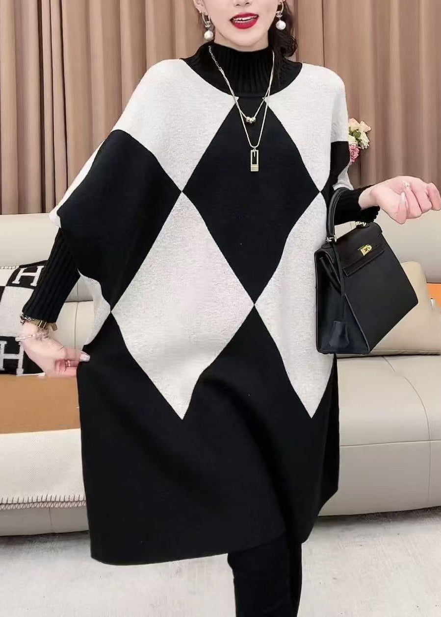 French Plaid Turtleneck Loose Knit Sweater Batwing Sleeve Rf026