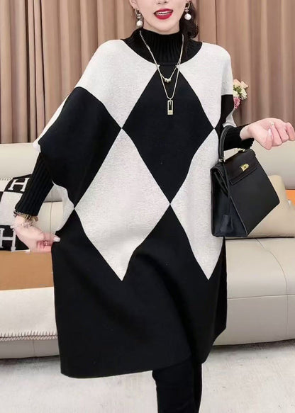 French Plaid Turtleneck Loose Knit Sweater Batwing Sleeve Rf026