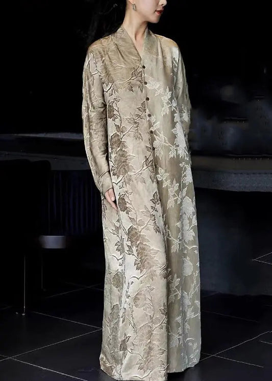 Print Button Silk Blouses Long Dresses