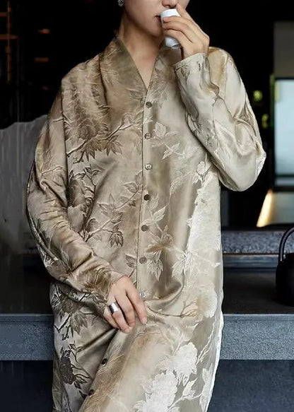Print Button Silk Blouses Long Dresses