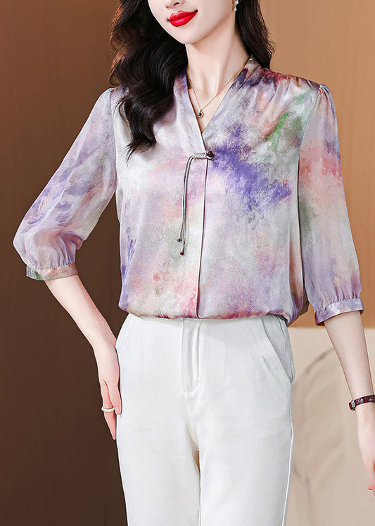 French Purple Button Print Silk Blouse Bracelet Sleeve Op1060