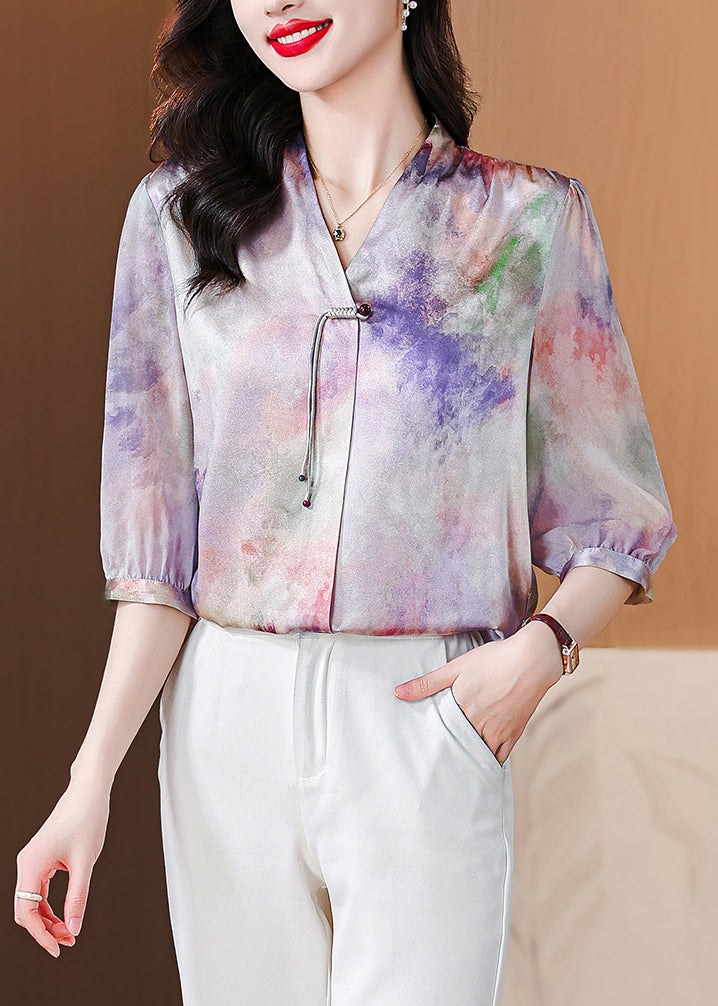 French Purple Button Print Silk Blouse Bracelet Sleeve Op1060