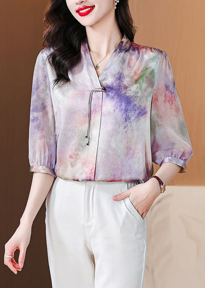 French Purple Button Print Silk Blouse Bracelet Sleeve Op1060