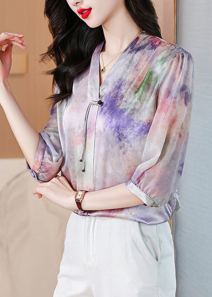 French Purple Button Print Silk Blouse Bracelet Sleeve Op1060