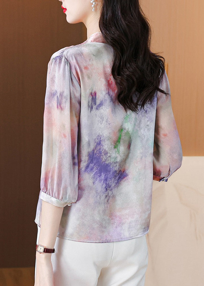 French Purple Button Print Silk Blouse Bracelet Sleeve Op1060