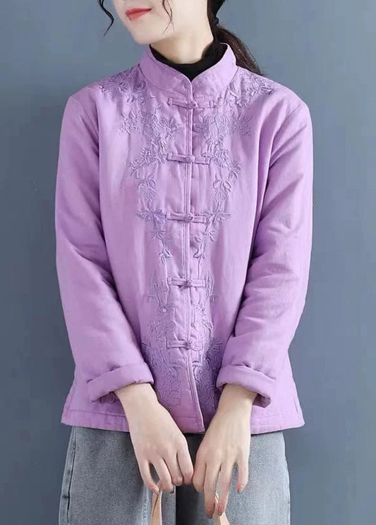 French Purple Embroidered Button Cotton Filled Coat Winter Qg039