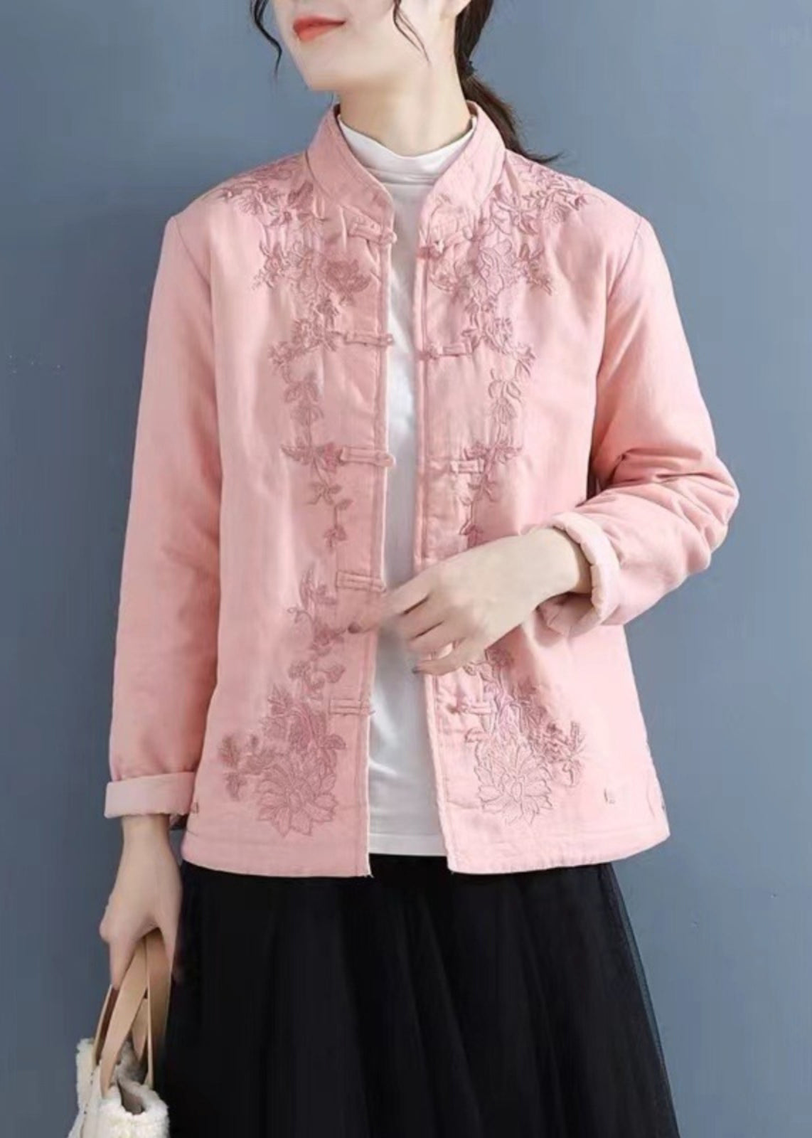 French Purple Embroidered Button Cotton Filled Coat Winter Qg039