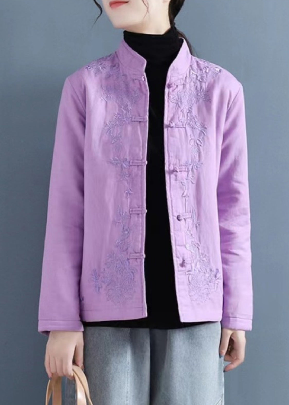 French Purple Embroidered Button Cotton Filled Coat Winter Qg039
